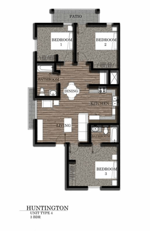Floor plan for 3 beds, 2 baths, 1025 sqft